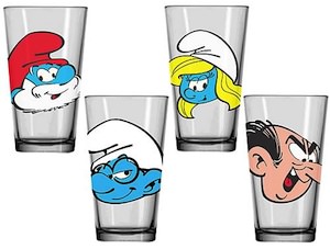 set of 4 different smurf glasses