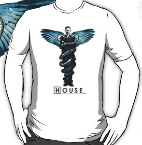 Dr gregory House MD surrounded by the caduceus on this t-shirt